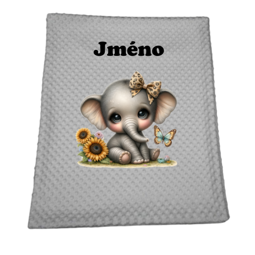 Minky deka 65 x 95 cm se jména – motiv Slon - Druhá strana bavlna: Hvězdičky