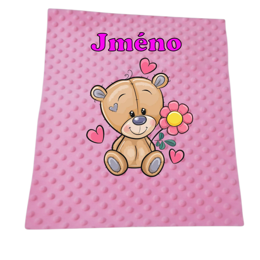 Minky deka 65 x 95 cm se jména – motiv Medvídek s květinou - Druhá strana bavlna: Vláčky