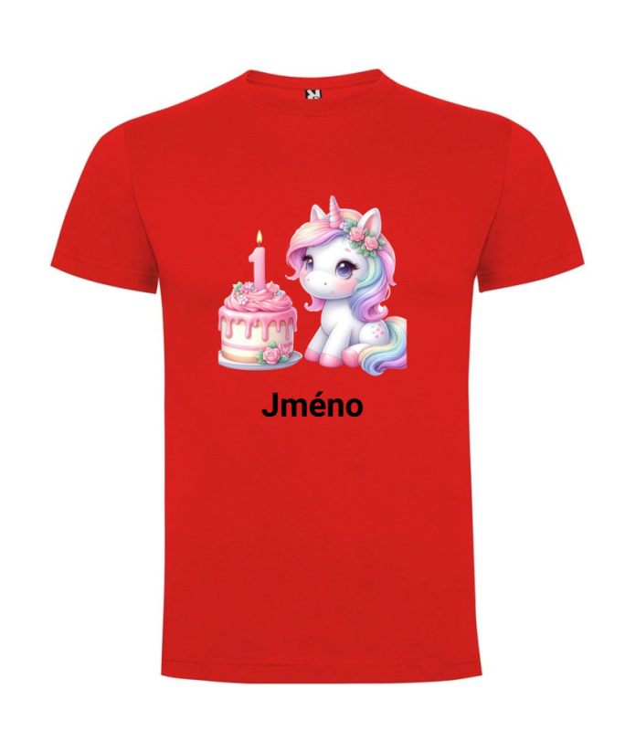 Narodeninové tričko s menom Jednorožec - Farba: Červená, Číslo: 1