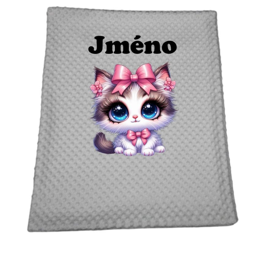 Minky deka 65 x 95 cm  se jména – motiv Kočička - Druhá strana bavlna: Ježek a zajíc