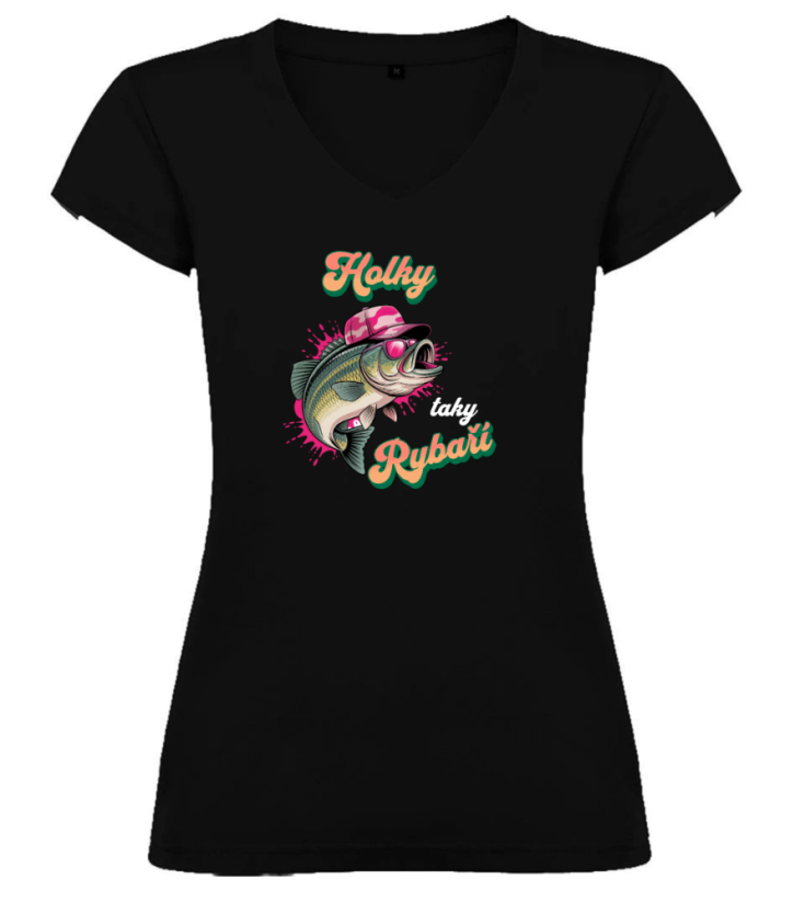 Dámské tričko Holky taky rybaří - Barva: Černá