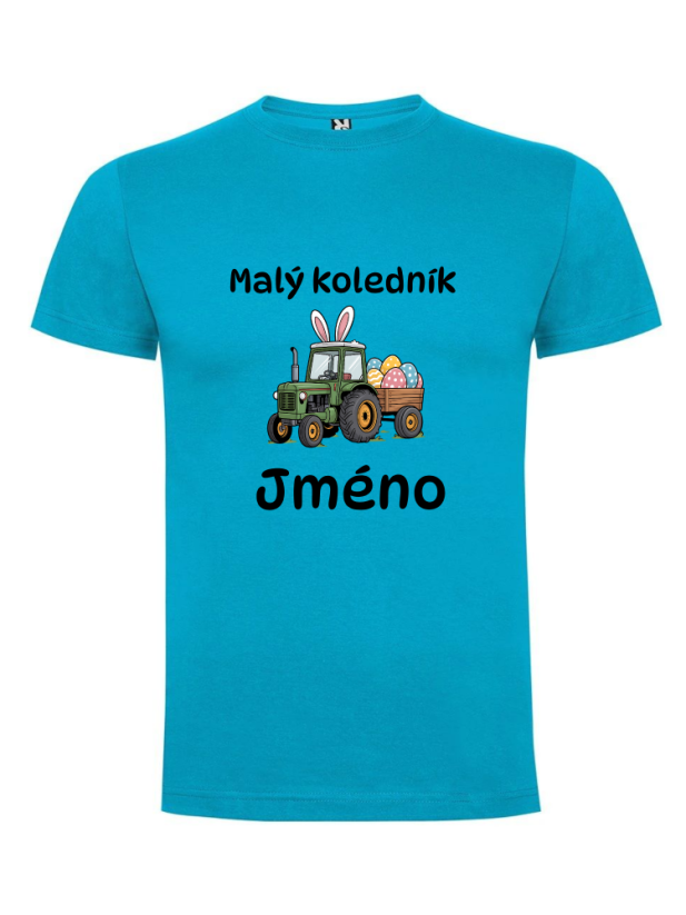 Dětské velikonoční tričko s vlastním jménem - motiv traktor - Barva: Tyrkysová
