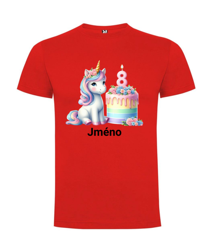 Narozeninové tričko se jménem Jednorožec - Barva: Červená, Číslo: 8