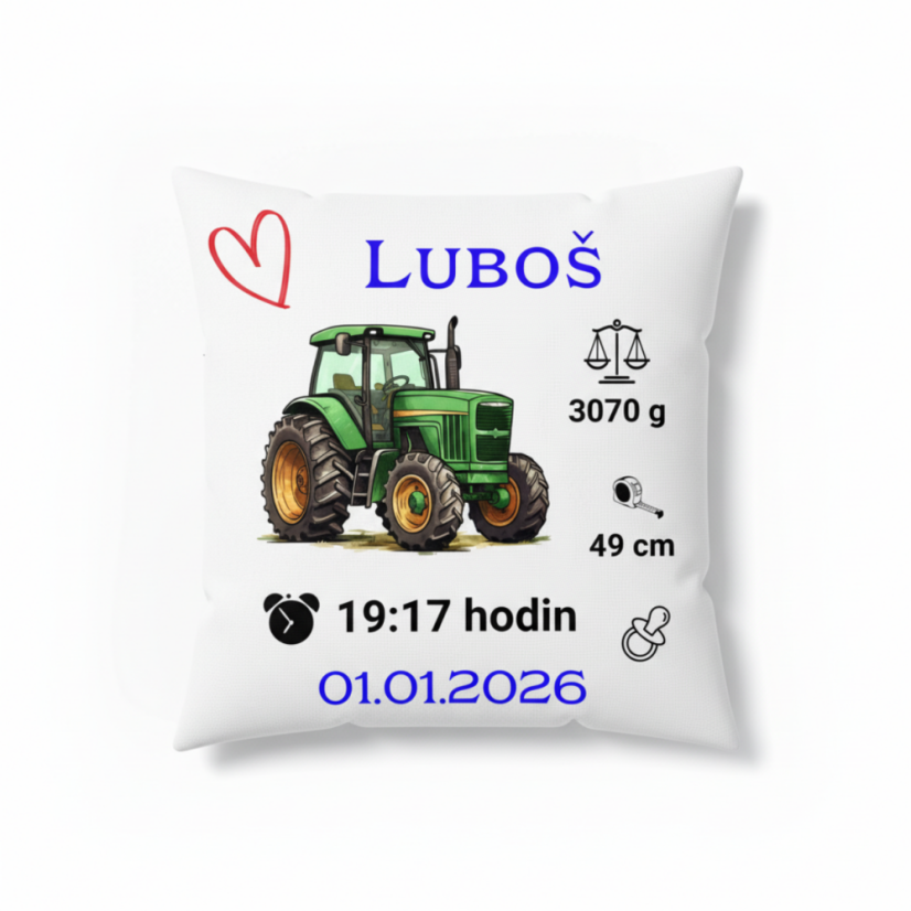Polštář s údaji o narození – motiv zelený traktor
