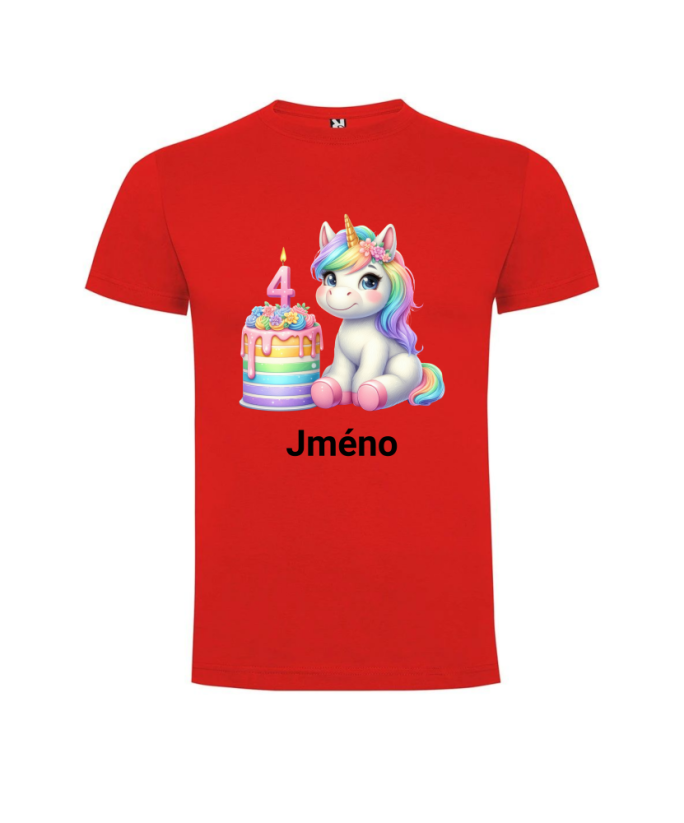 Narozeninové tričko se jménem Jednorožec - Barva: Červená, Číslo: 4